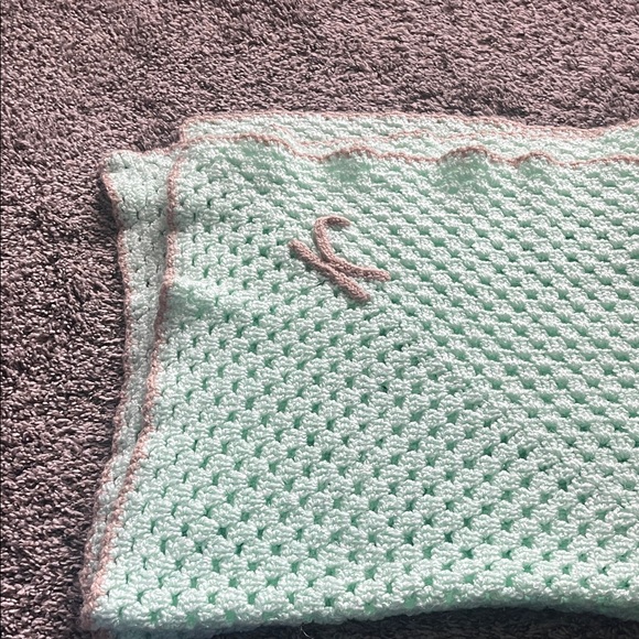 Other - Mint Green Knit Baby Blanket with Brown Trim
